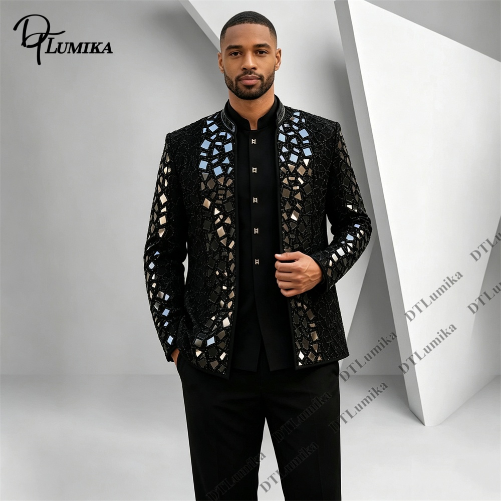 Formal Wear For Men Black Suit - Men Black Mandarin Collar Suit Mirror